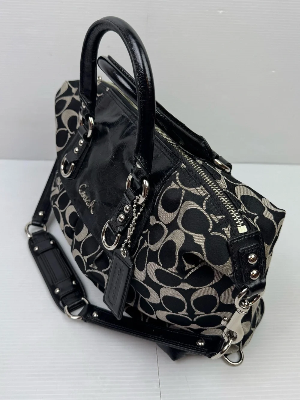 Coach F15443 Black Signature C Sateen Patent Leather Satchel Shoulder Handbag Ba